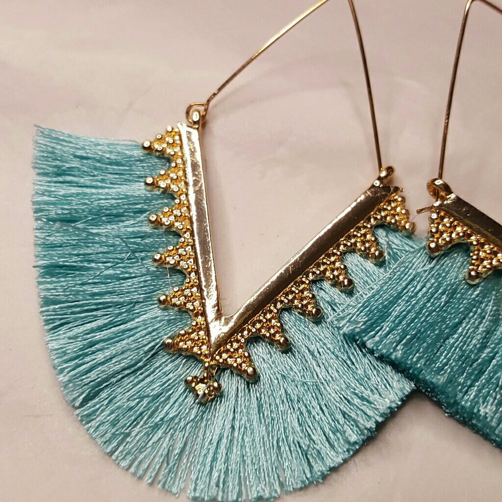 Light Blue V Shape Fringe Earrings - Picture 2 of 4